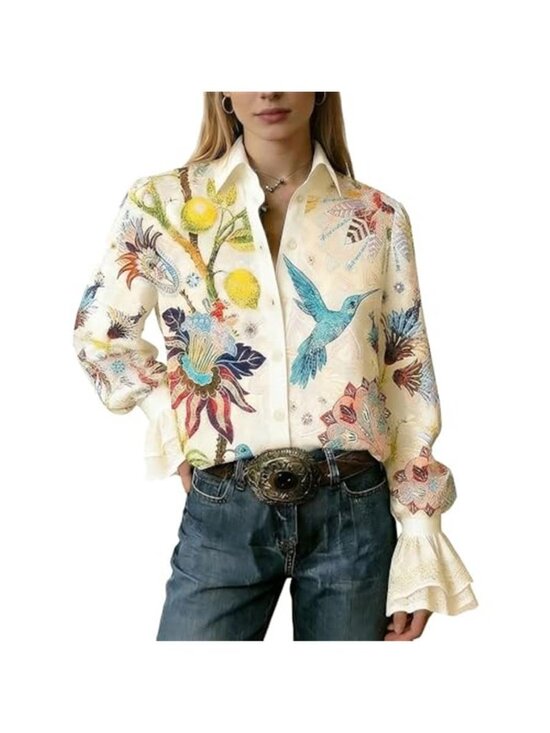 Tops - Women's Boho Paisley Long Sleeve Ruffled Cuff Button Down Blouse